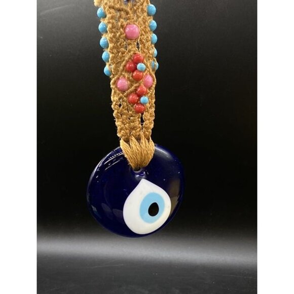 Large Art Glass Evil Eye With Crochet Macrame Hanger & Glass Beads - Picture 2 of 6